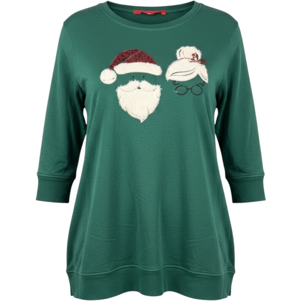Jane + Delancey Green Santa Mrs Claus Holiday Sweatshirt 2X NWT Small Flaw